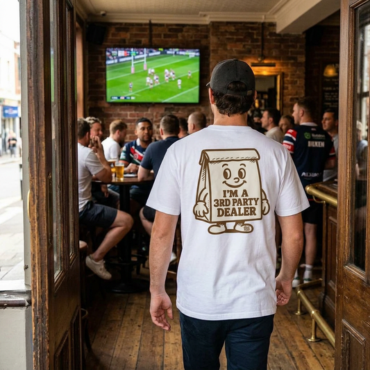 Person wearing a white Footy Head 3rd Party Dealer NRL tee shirt in a pub setting