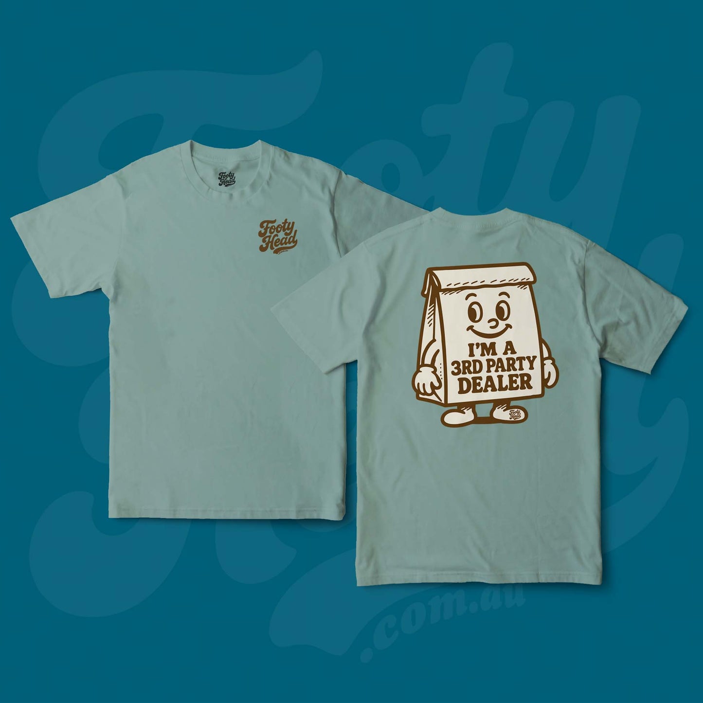 The 3rd Party Dealer Footy Head T-Shirt, brown paper bag. Green