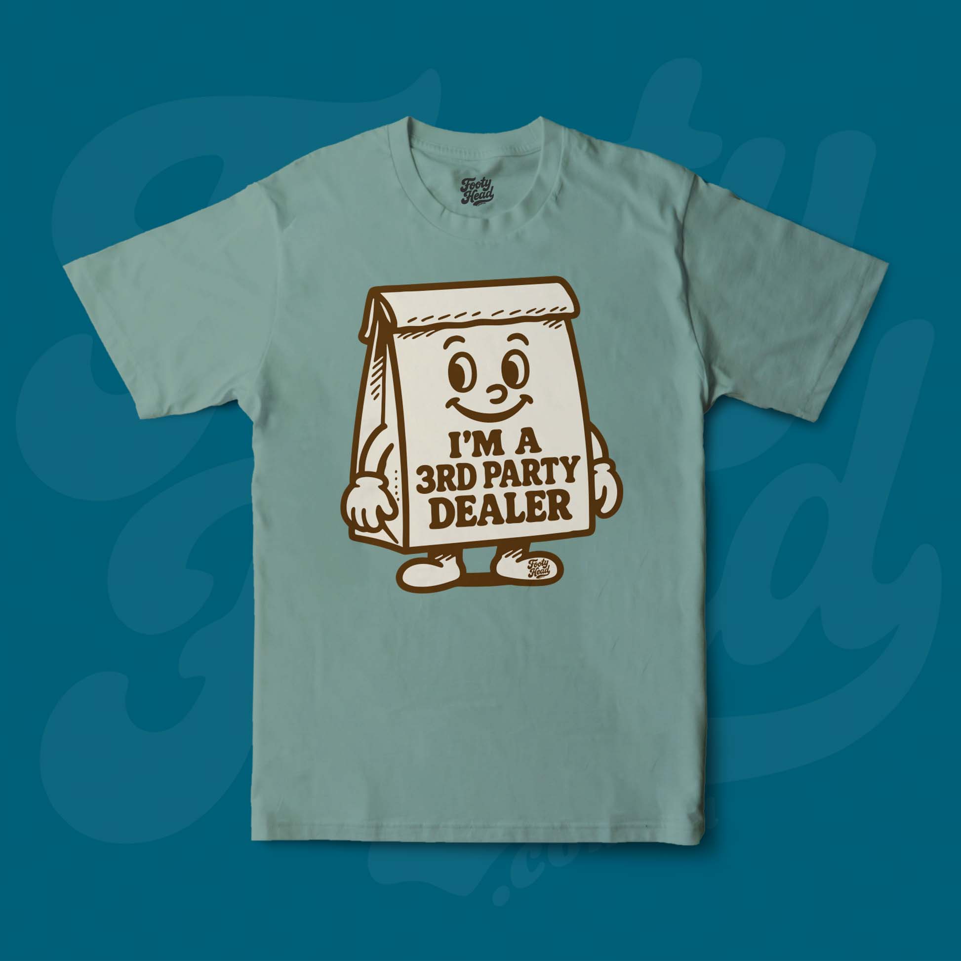 The 3rd Party Dealer Footy Head T-Shirt, brown paper bag. Green
