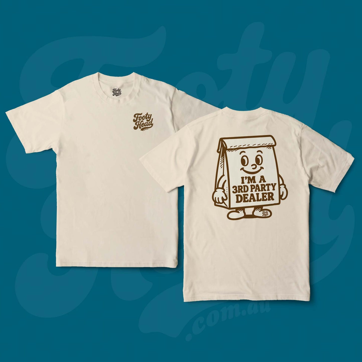 The 3rd Party Dealer Footy Head T-Shirt, brown paper bag. Sand Colour.