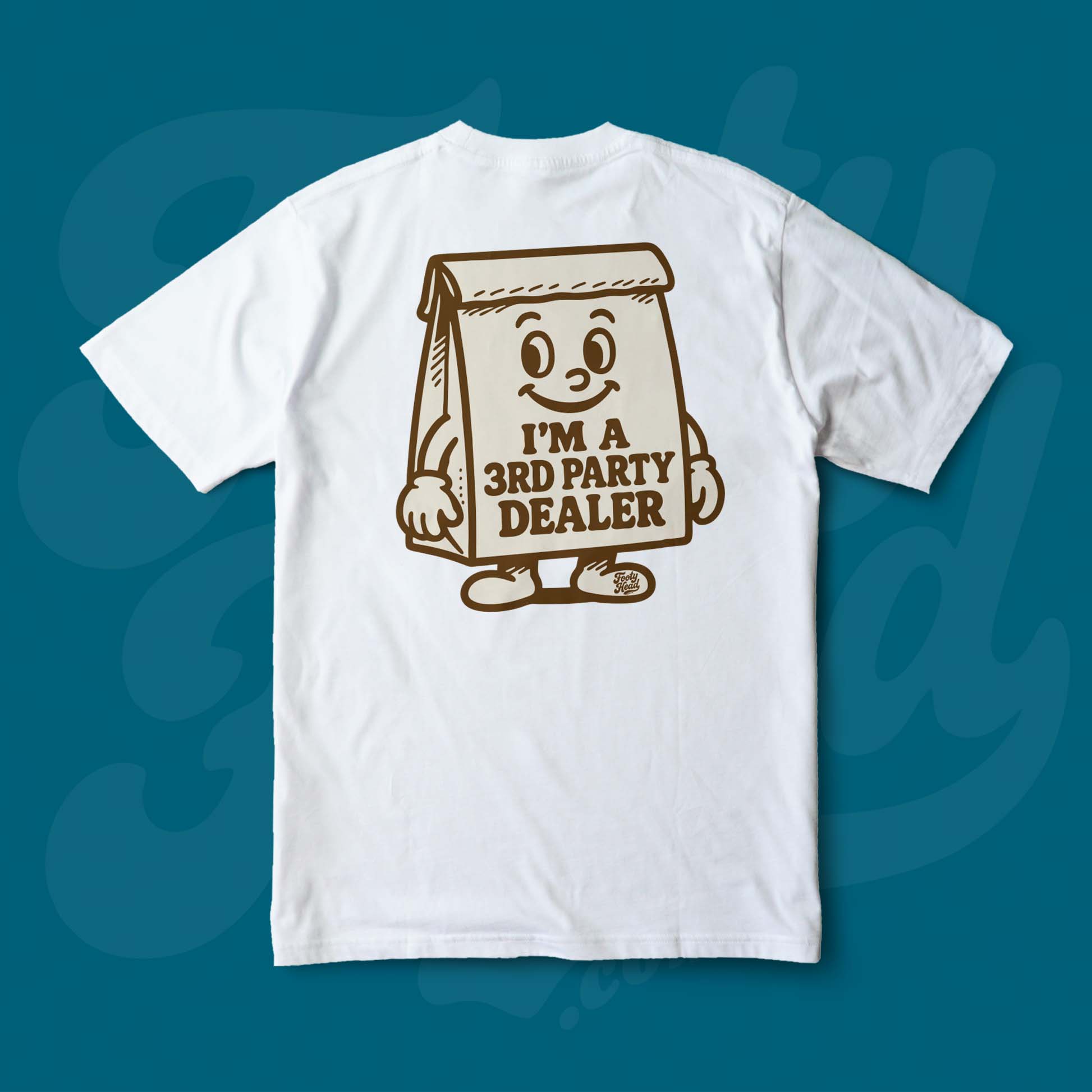 The 3rd Party Dealer Footy Head T-Shirt, brown paper bag. White Colour.