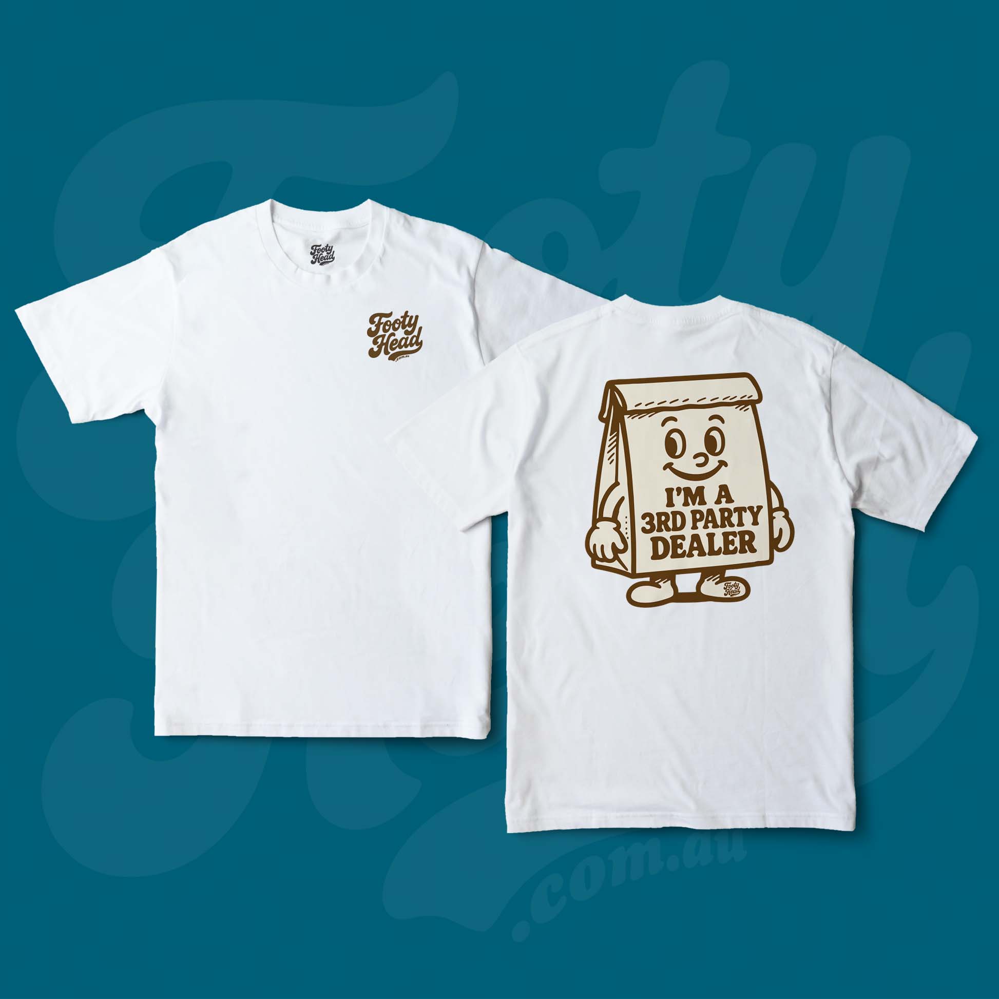 The 3rd Party Dealer Footy Head T-Shirt, brown paper bag. White Colour.