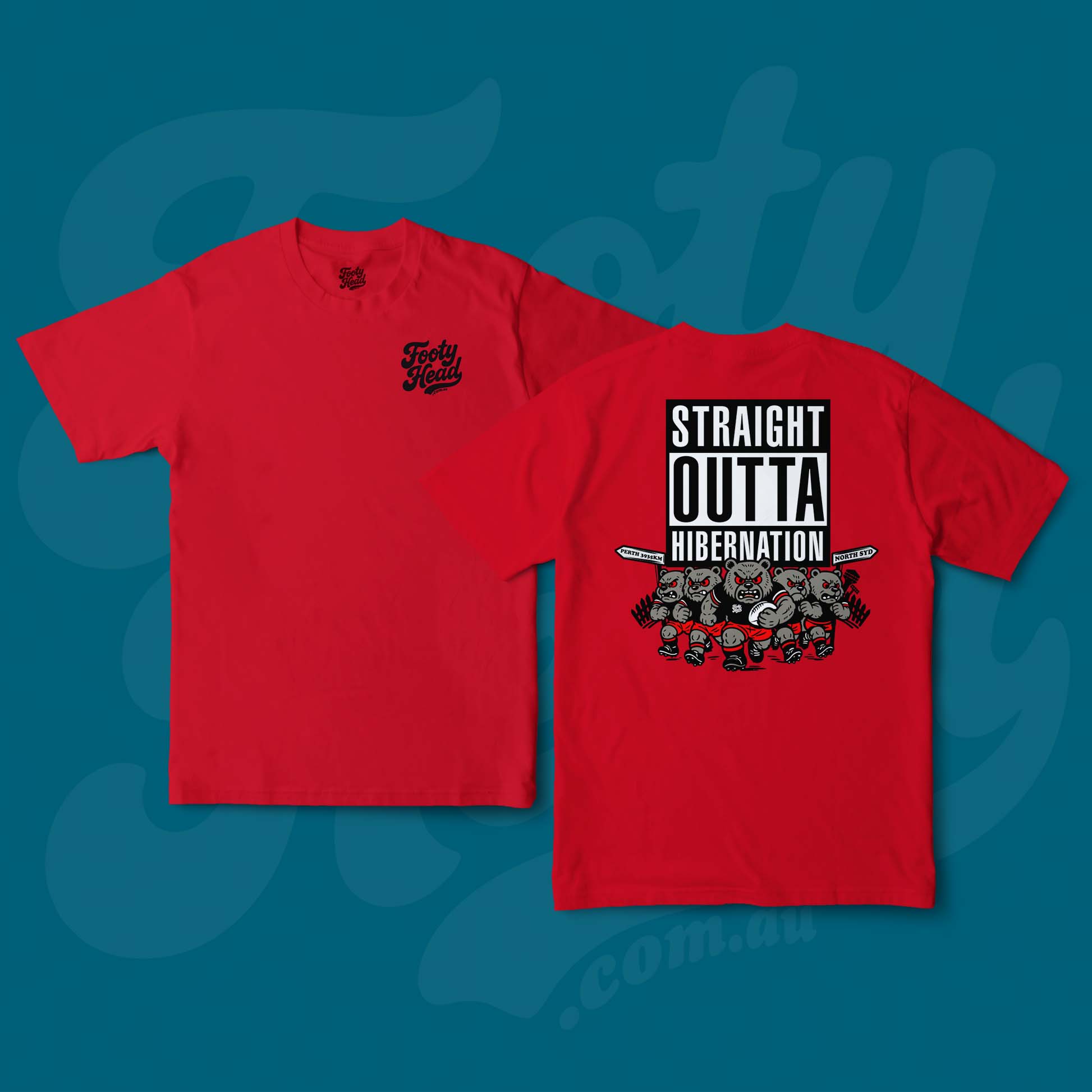 Bears - Straight outta hibernation Footy Head T-Shirt on Red
