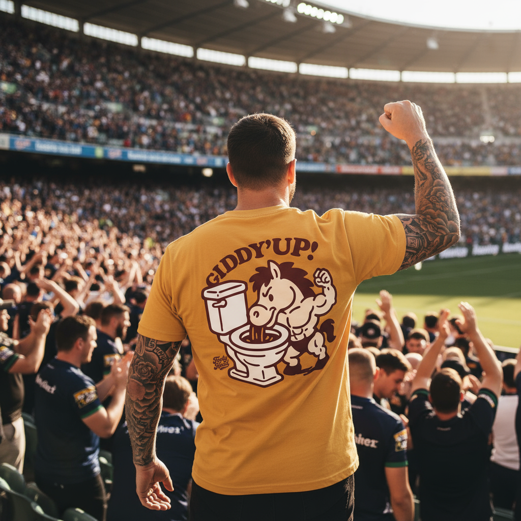 Person wearing a yellow Footy Head t-shirt with a graphic design in a stadium