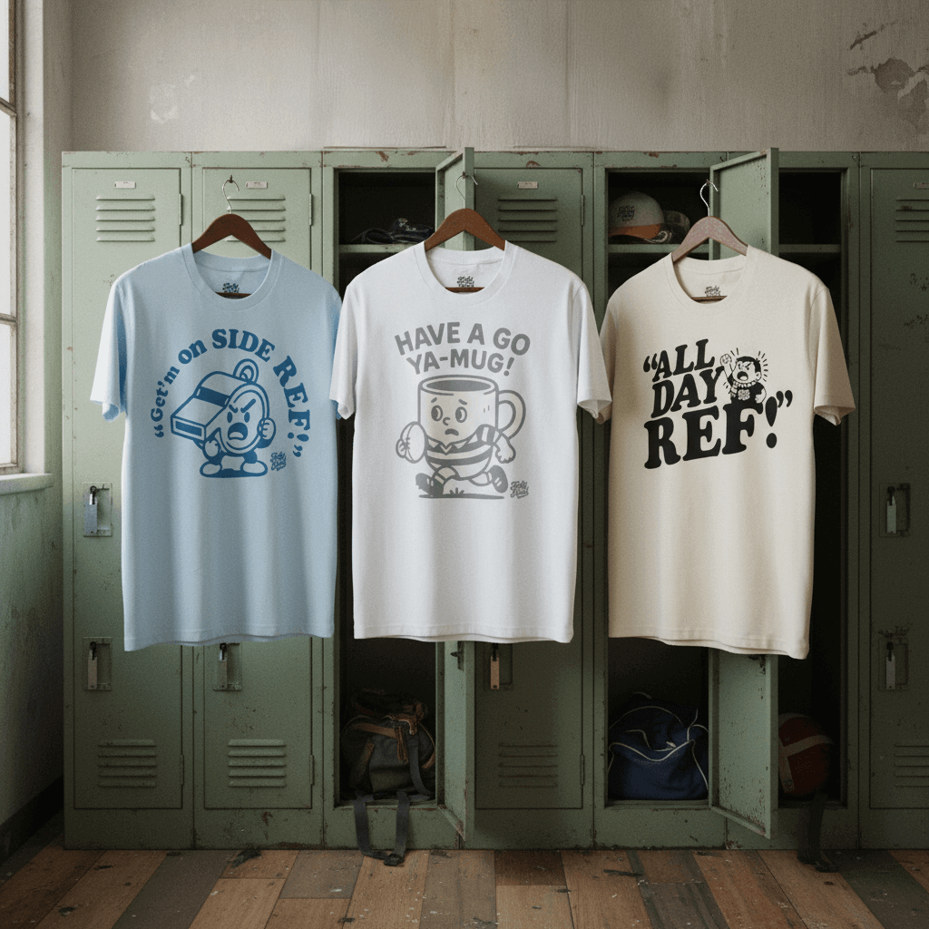 Footy Head T-Shirts hanging in an old school footy locker room.