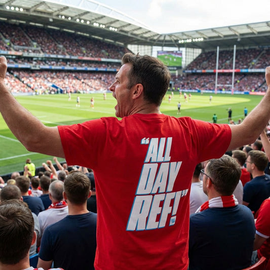 All Day Ref! NRL Tee Shirt on man at a rugby league game throwing his hands in the air